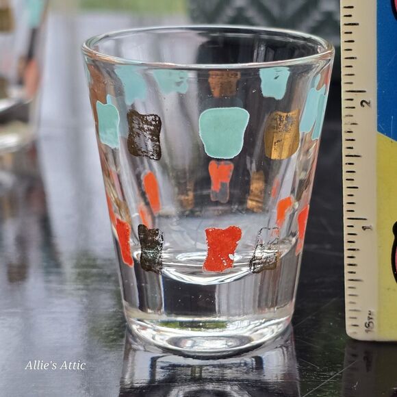 4 Vtg MCM Orange Gold Aqua Teal Blue Atomic Shot Glasses Cocktail Barware Set - Picture 5 of 5